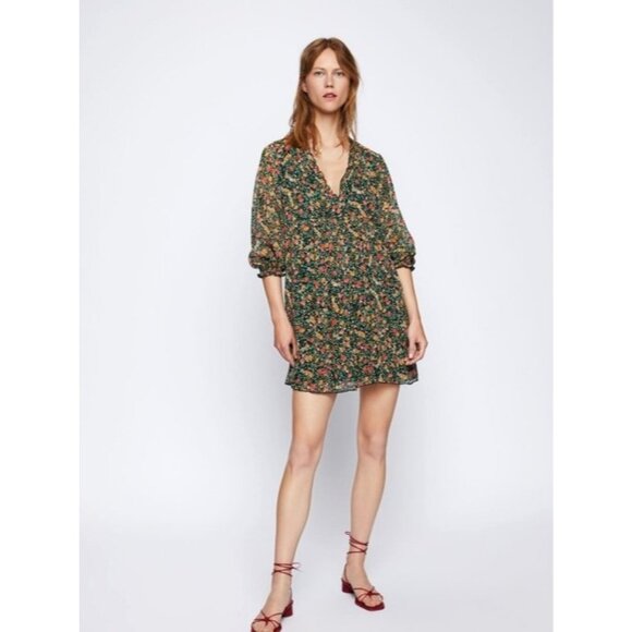 Zara Dresses & Skirts - Zara Black Floral Long Sleeve Mini Dress Boho Chic - Size XS